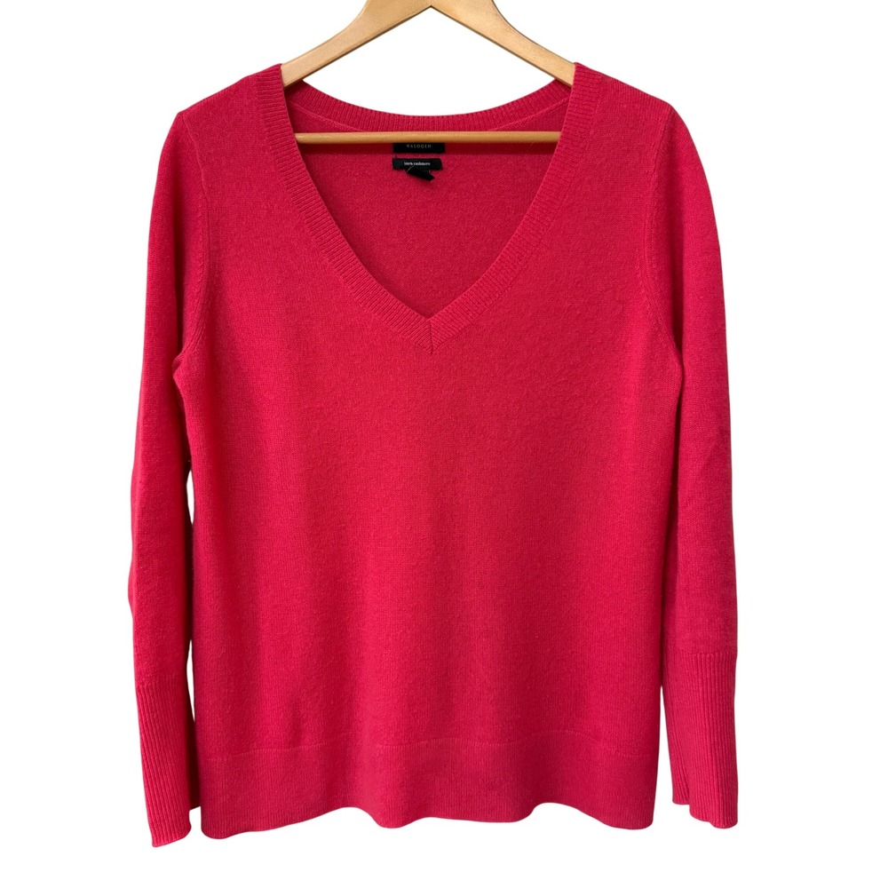 Halogen Womens 100% Cashmere V-Neck Sweater Size Medium Elle Hot Pink Cozy Soft